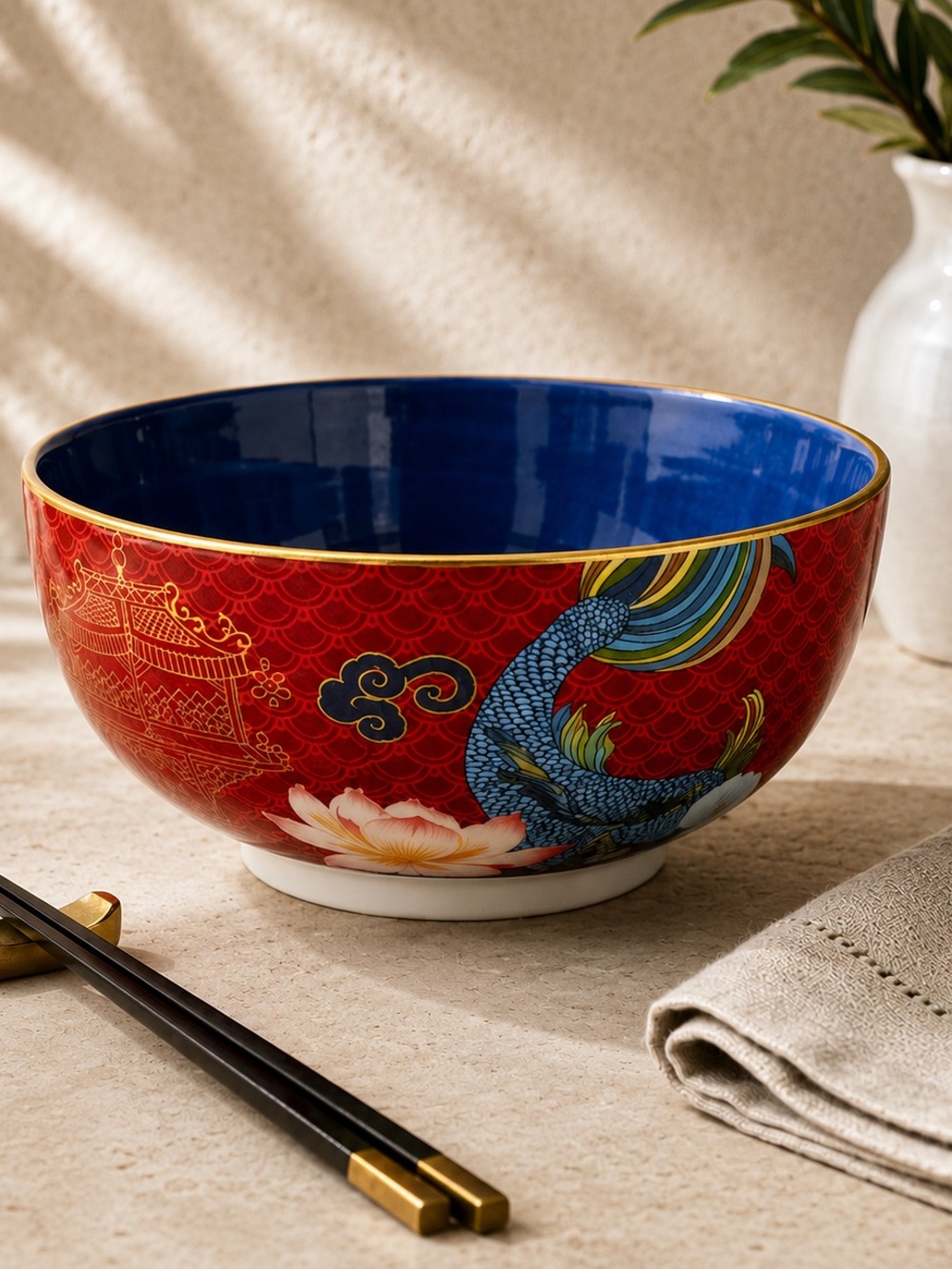 (1) Williams Sonoma Lunar New Year Porcelain Noodle Bowl | 7” Gold Rim